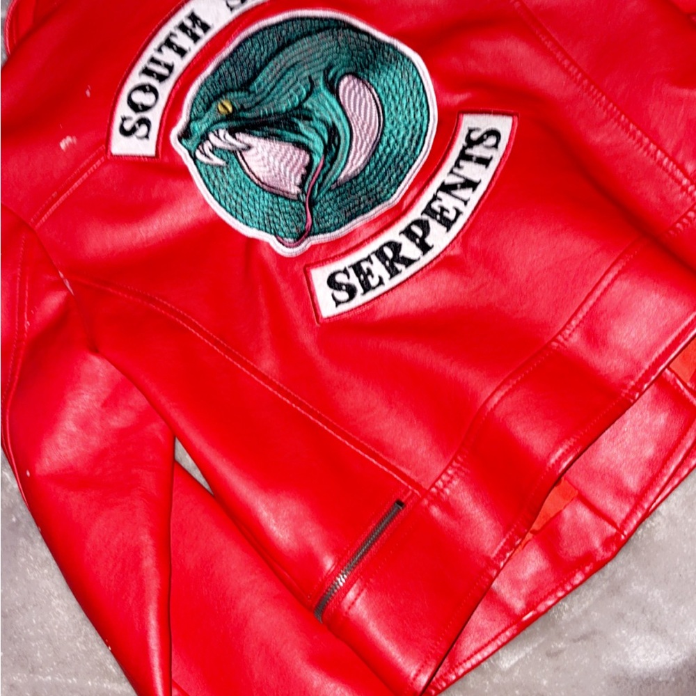 Red Leather Jacket with Serpent Patch